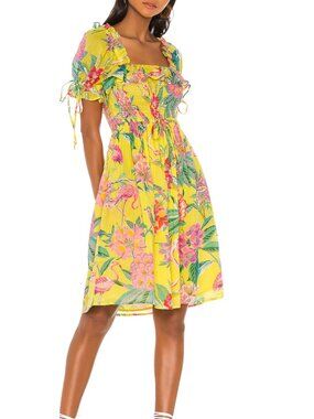 Banjanan - Fox Glove Mini Floral Sun Dress - Sz S - Bright Yellow Tropical